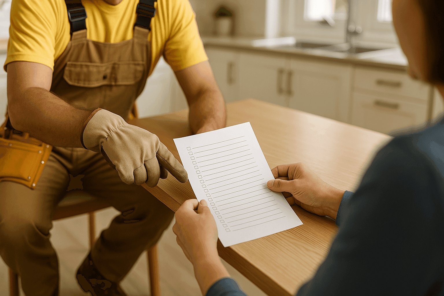 Propietario y manitas revisando una lista de verificación de proyectos en una mesa de cocina