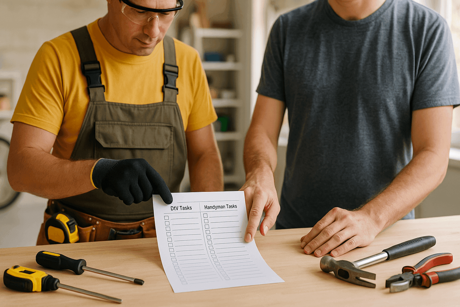 Handyman and homeowner reviewing a list of DIY and pro home repair tasks side by side