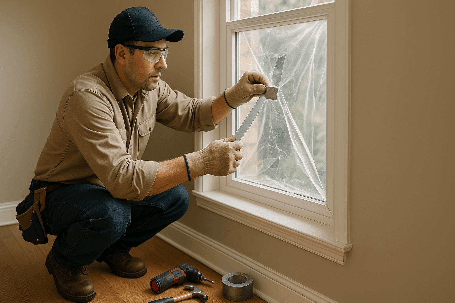 Handyman applying emergency plastic sheeting to a broken window