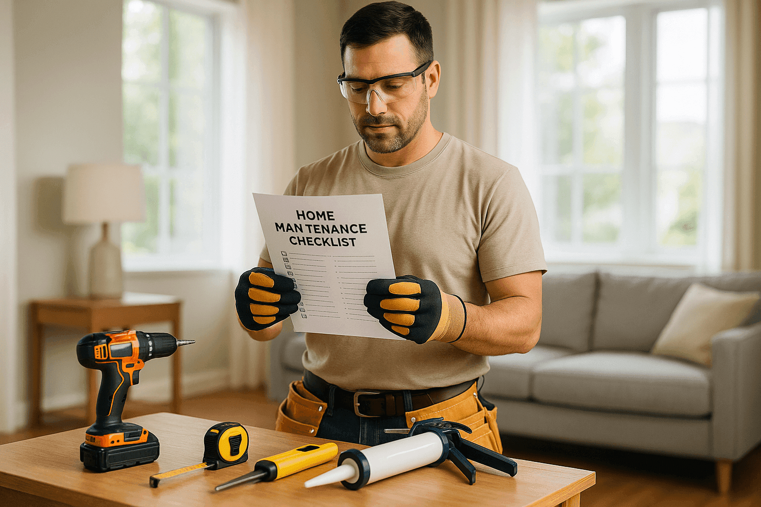 Handyman reviewing seasonal home maintenance checklist in modern living room
