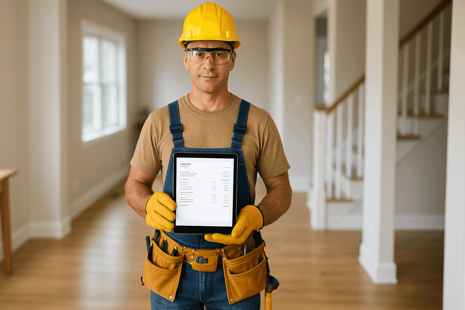 Handyman holding a digital tablet showing repair cost estimates