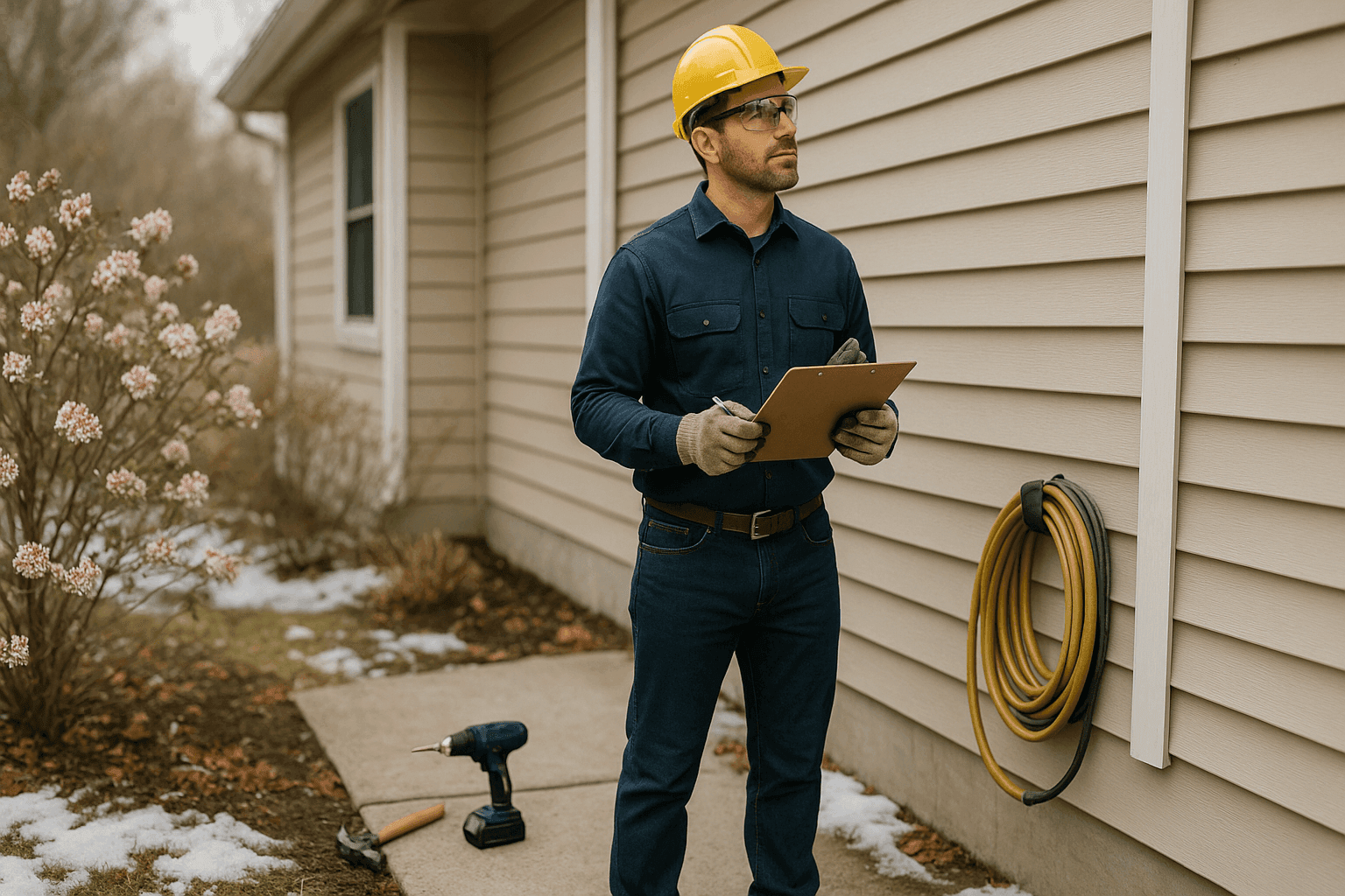 Handyman checking home exterior with seasonal maintenance checklist