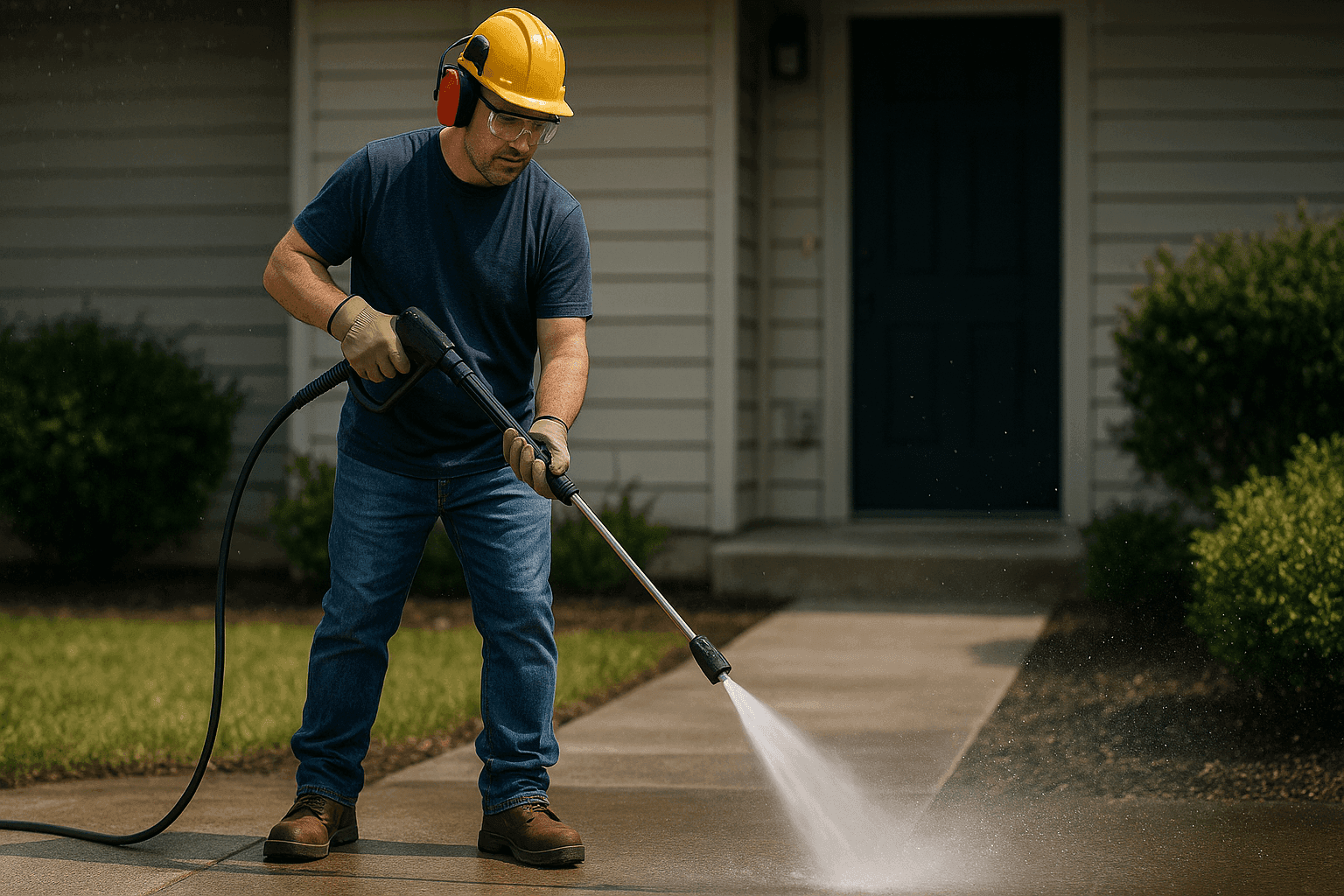 Handyman pressure washing a home’s front walkway with protective gear