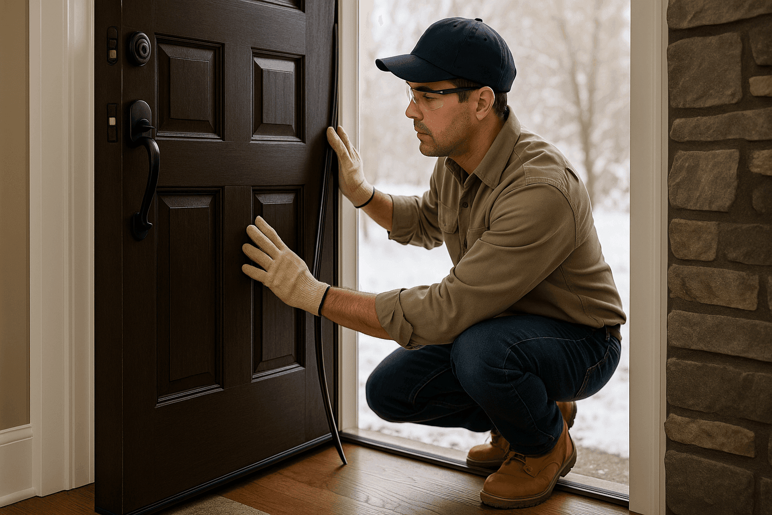 Handyman installing weatherstripping on a front door during winter