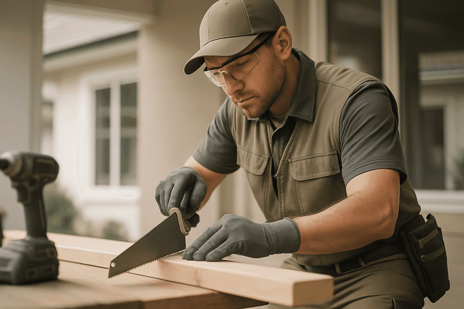 Professional handyman wearing gloves and safety glasses doing carpentry at a clean residential site in Teec Nos Pos