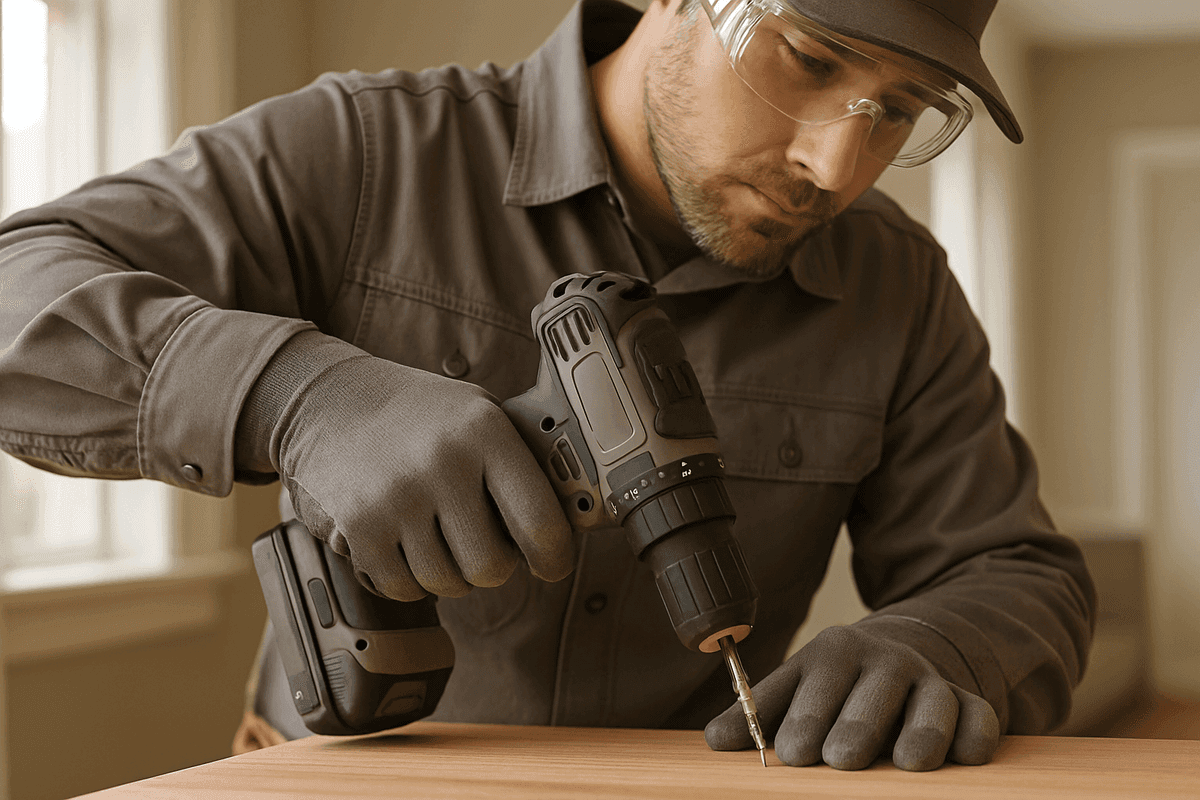 Close-up of handyman’s gloved hands using cordless drill on wood inside tidy home interior in Teec Nos Pos